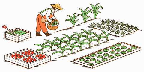 Farmer harvesting fresh vegetables in garden plot illustration with harvesting vegetables agriculture cultivation planting outdoors cultivating vegetable gardening smallholder illustration © Mithila