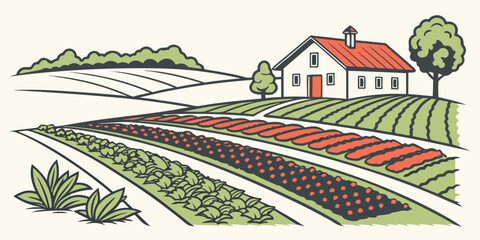 Farmhouse with cultivated vegetable rows and scenic countryside farmhouse landscape countryside vegetables agriculture building cultivation planting production farmland environment © Mithila