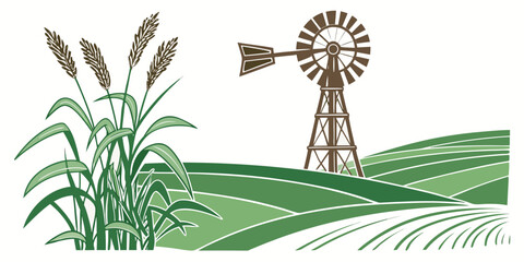 Crops field with vintage windmill and rural landscape windmill landscape agriculture countryside cultivation planting greenery structure production farmland environment agronomy © Mithila