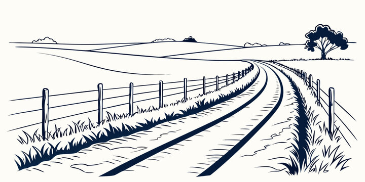 Artistic graphic drawing of a winding country lane along a wooden fence and rolling green hills with landscape countryside illustration engraving peaceful tranquil vegetation woodland farmland