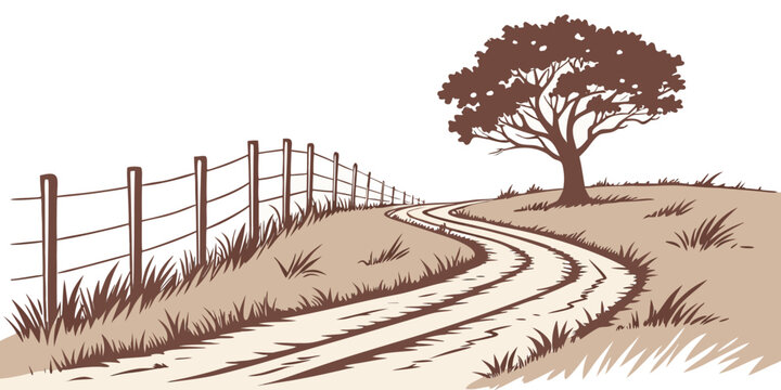 Stylized graphic illustration of a winding dirt country road leading past a wooden fence and a solitary tree in a rolling meadow landscape with landscape countryside illustration environment