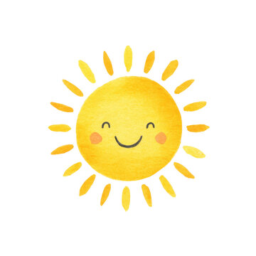Cheerful yellow sun character with a smiling face and sun rays.