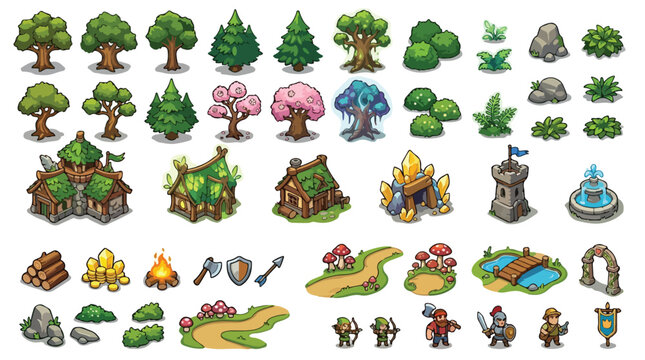 Fantasy RPG Game Assets Vector Set, Medieval Village Map Icons with Trees and Buildings, Cartoon Strategy Game Environment Elements