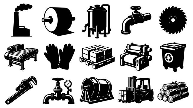 Industrial Equipment Icons: Factory, Saw Blade, Forklift, Pipe Wrench, Gloves, Bin