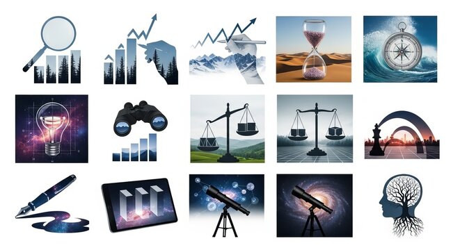 Business Growth and Financial Strategy Concepts Featuring Charts, Scales, and Astronomical Tools