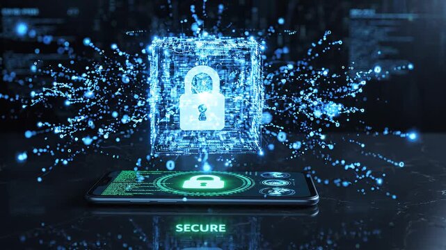 glowing blue data cube with floating padlock above smartphone screen