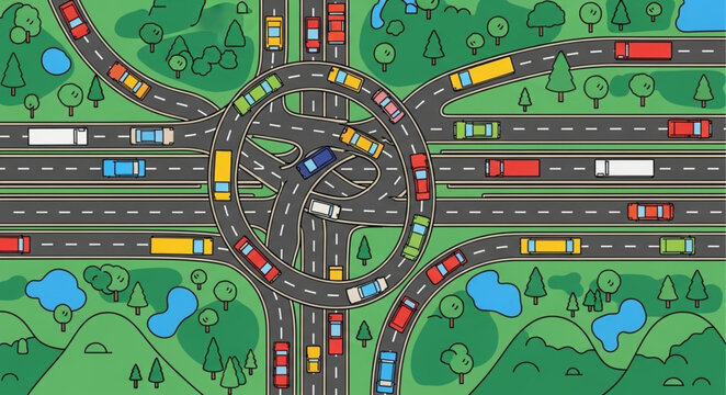 Busy highway intersection with many cars and trucks stuck in traffic jam.