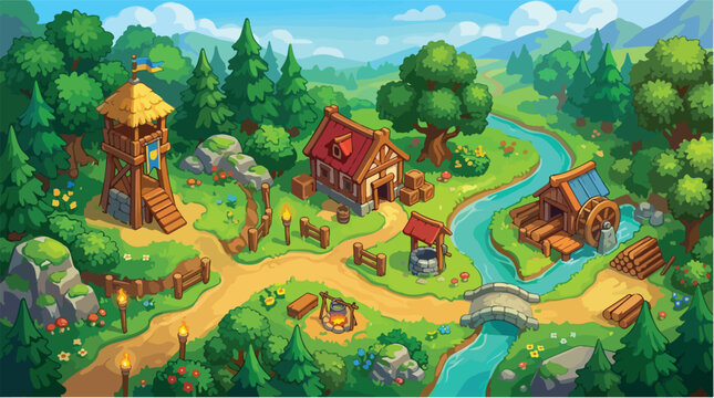 Medieval fantasy village landscape vector, isometric game map with wooden buildings and watermill, cartoon forest settlement with watchtower and river