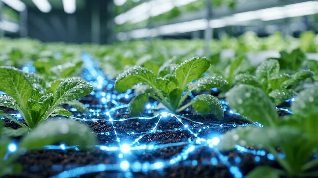 Green seedlings in indoor vertical farm with glowing digital network, concept for smart farming technology, sustainable agricultural innovation and digital food production system