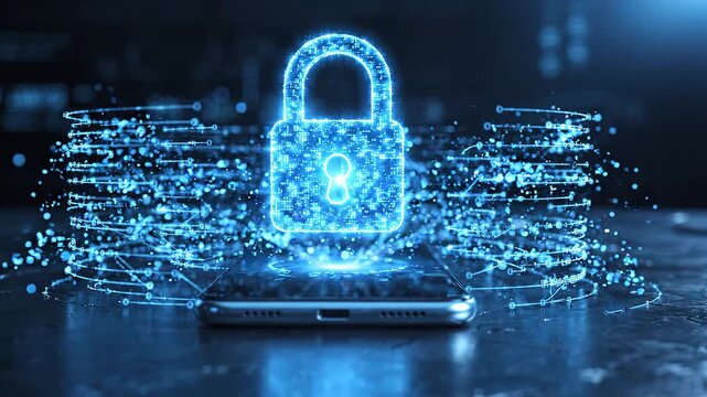 glowing blue digital padlock hovering above smartphone with data streams