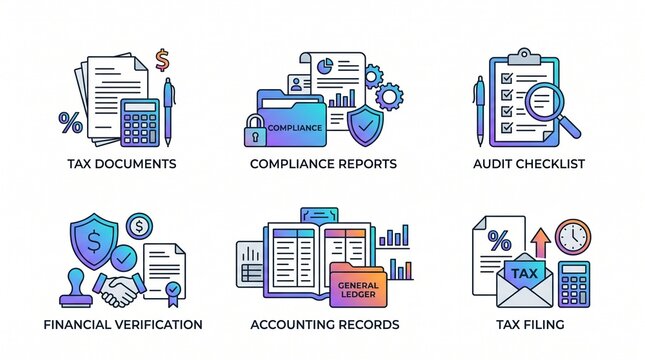 Professional accounting and finance icons for business, tax, and audit documentation