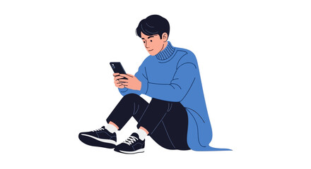 Young Man in Blue Turtleneck Sitting on Floor Using Smartphone © jago