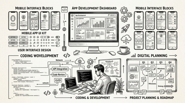 Digital Planning and Coding Development for App Interface Design.