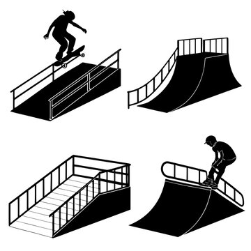 Silhouette vector collection of skateboarders performing tricks on skate park equipment including ramps rails half-pipes with skateboard silhouette skatepark activity equipment halfpipe exercise