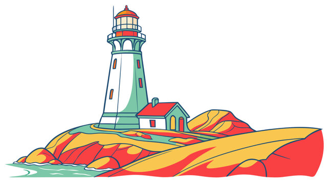 Stylized vector illustration of a traditional lighthouse with a small cottage building standing on a rocky shore isolated on white background lighthouse illustration isolated background building