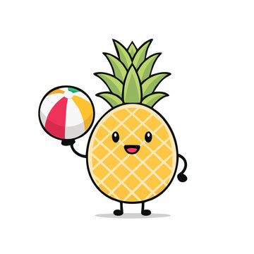 Cute Pineapple Character Holding a Beach Ball