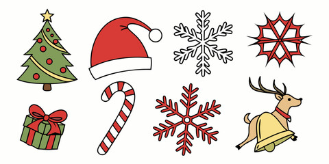Festive christmas holiday icons collection featuring decorations and winter symbols christmas decoration snowflake reindeer celebration ornament illustration collection seasonal decorative © Arisfa