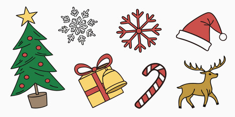 Doodle style christmas holiday set with tree gift bell snowflake and santa hat christmas snowflake reindeer celebration decoration illustration collection seasonal elements greetings © Arisfa