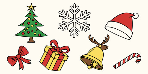 Winter holiday themed vector icon set with christmas tree and festive decorations christmas snowflake reindeer decoration celebration illustration collection seasonal elements greetings © Arisfa