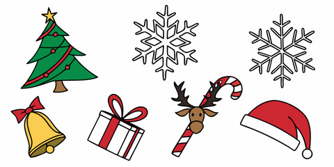 Collection of traditional christmas symbols and decorative winter season elements with christmas snowflake reindeer decoration celebration illustration collection seasonal elements greetings © Arisfa