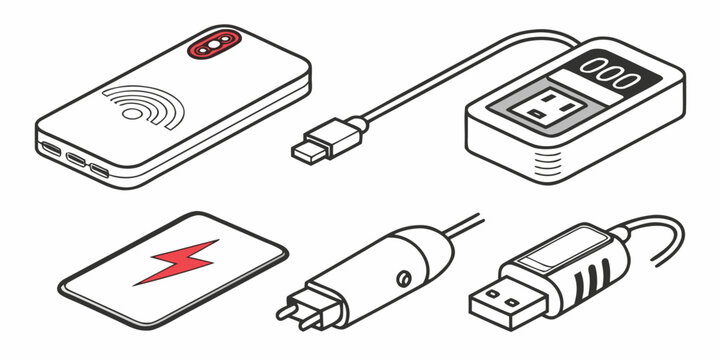 Isometric set of various charging adapters and portable electronic power devices with isometric electronics technology electric charging wireless illustration equipment portable connectivity