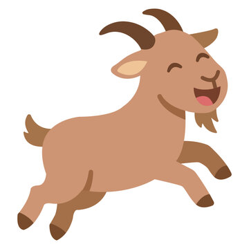 Happy jumping goat cartoon character vector illustration isolated on transparent background. Cheerful brown goat leaping element for Eid al-Adha.