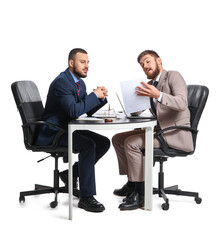 Obraz premium Happy businessmen with documents negotiating at table on white background