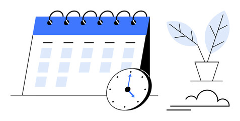 Time management, productivity, organization, scheduling, planning, work-life balance. Calendar and clock next to a plant. Time management and productivity concept © robu_s