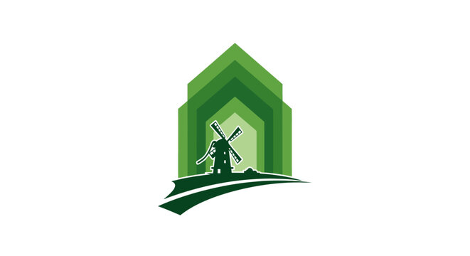 Modern Green House Logo with Windmill Silhouette Inside.