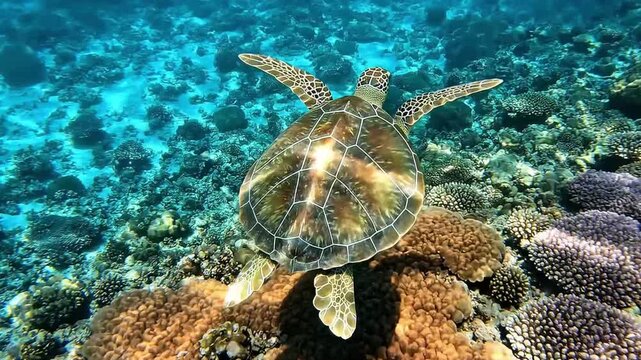 4K top down view of sea turtle swimming through crystal-clear ocean above colorful coral reef with shell pattern and caustic sunlight visible. No people or boats. Marine wildlife and tropical ocean.