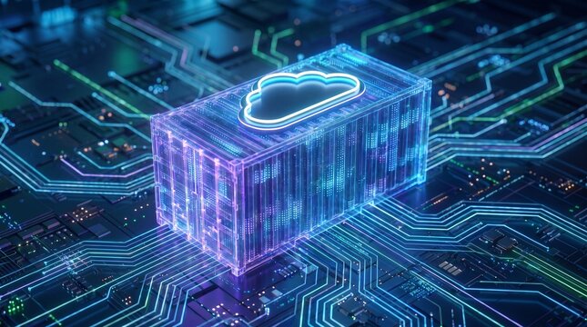 Futuristic digital shipping container with a glowing cloud icon on a circuit board, representing software containerization and cloud computing