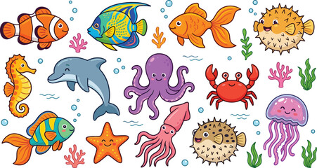 Obraz premium Cute Cartoon Sea Animal Vector Set Featuring Dolphin Octopus Jellyfish Crab and Marine Life Clipart for Kids Designs