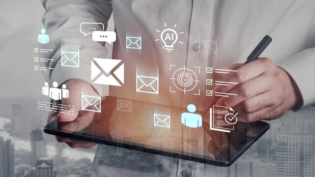 Businessman Using Tablet with Digital Notifications and Communication Icons to Illustrate Modern Technology in Professional Environment Gluon.