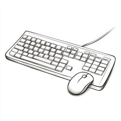 Fototapeta premium Computer keyboard mouse hand drawn illustration black and white sketch wired desktop simple
