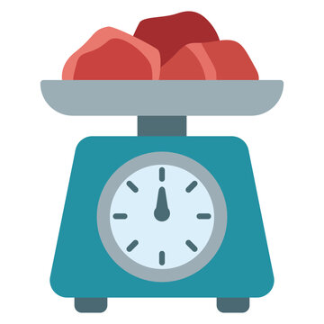 Fresh raw meat on blue weighing scale tool cartoon vector illustration. Measuring qurban meat weight icon element isolated for Eid al-Adha layout.