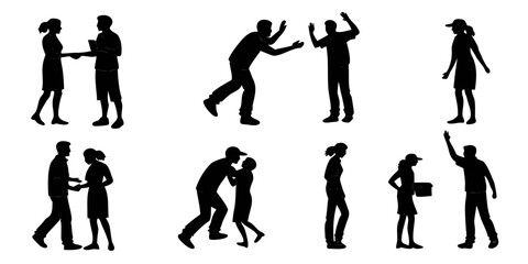 Collection of people silhouettes depicting diverse social and business interactions with silhouettes interactions business greeting handshake agreement conversation lifestyle communication © Arisfa