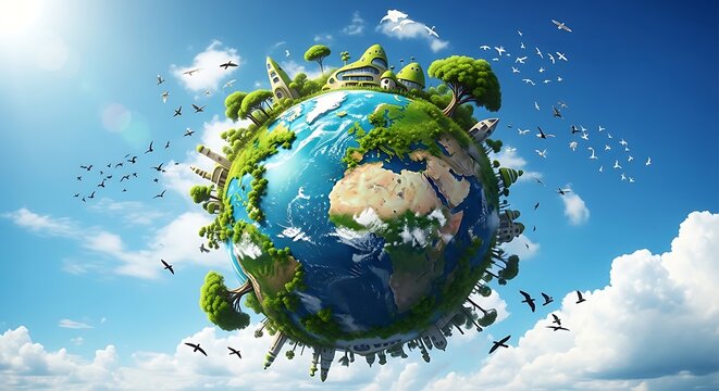 Healthy planet earth with green city and flying birds