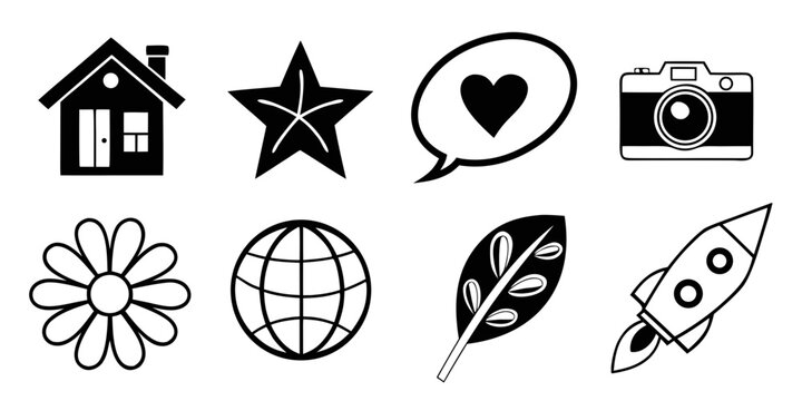 Collection of black and white vector icons showing house star heart speech bubble camera flower globe leaf and rocket ship with illustration collection minimalist technology communication