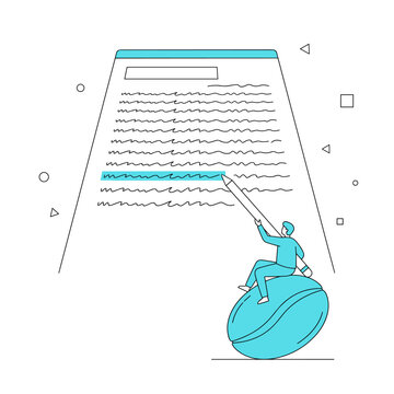 Tiny editor highlighting text on a giant document window, content proofreading and digital copywriting, data analysis and document review