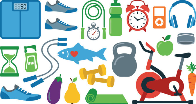 Healthy lifestyle and gym fitness elements flat icon vector set featuring stationary bike running shoes dumbbells kettlebell scale headphones and diet food