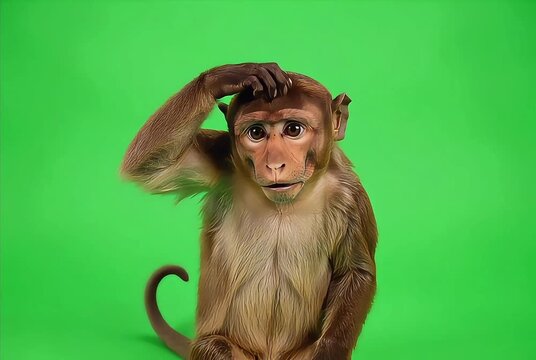Cute Monkey Scratching Head and Looking Around on Green Screen Background