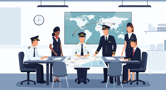 Airline Crew Meeting: Pilots and Flight Attendants Discussing Flight Plan
