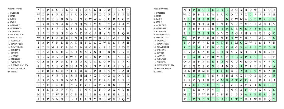 Father&rsquo;s Day word search puzzle with solution grid