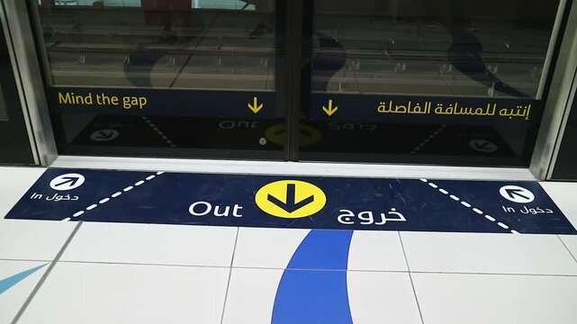 Modern Dubai or Abu Dhabi metro platform safety signage in English and Arabic, with bright floor markers, glass barriers, and clear lighting. (157 characters)