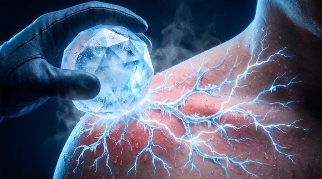 Crystal ball held by a gloved hand transmits glowing electric energy into human skin in this conceptual dark fantasy art piece.