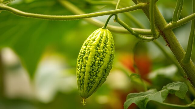 Fresh Bitter Gourd Growing on Vine in Lush Green Background, Healthy Vegetable for Culinary Use, Herbal Benefits and Nutritional Value Highlighted