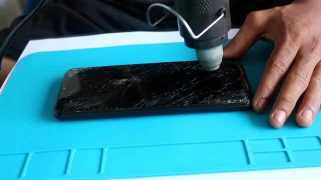 Technician Repairing Cracked Smartphone Screen With Heat Gun