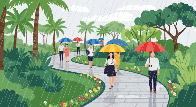 People with umbrellas walking in a park during a rainy day, lush greenery