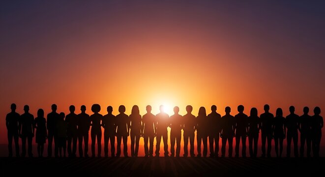 Diverse group of people silhouetted against a vibrant sunset, unity and community concept.