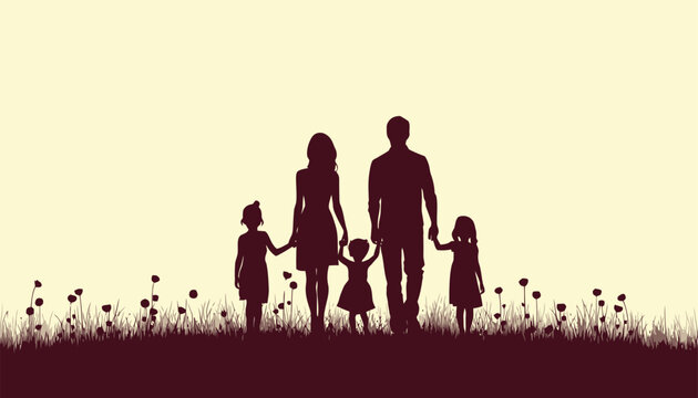 Silhouette of a family with parents and three children holding hands walking in a field of flowers, happy lifestyle concept.